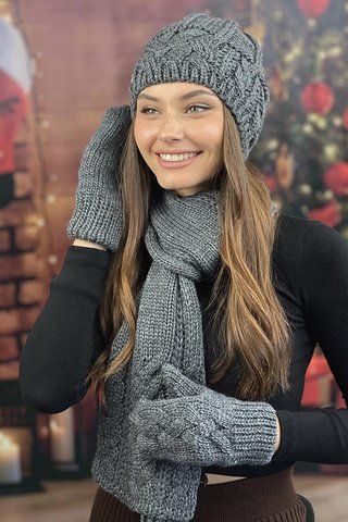 Комплект крупной вязки "Камелия": шапка+шарф+варежки - 4363-16 тёмно-серый 4363-16 фото
