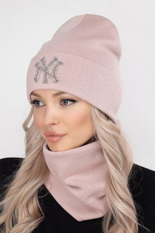 Молодёжный комплект из шапки и бафа Йорк 8929 тёмная пудра 1579445597 фото