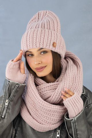 Комплект Юна (шапка, шарф-снуд, перчатки-митенки) 5300-38 светлая пудра 5300-38 фото