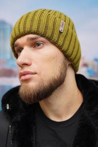 В'язана чоловіча шапка з закотом "Канзас" 4732 оливкова 4732 фото