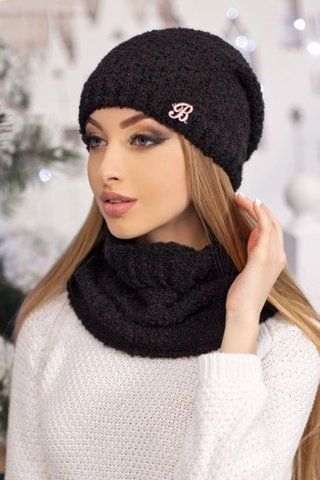 ЖЕНСКИЙ КОМПЛЕКТ ИЗ МЯГКОГО БУКЛЕ "ШАРЛИН" (ШАПКА И ШАРФ-ТРУБА) - 4368-8 чёрный 908435145 фото