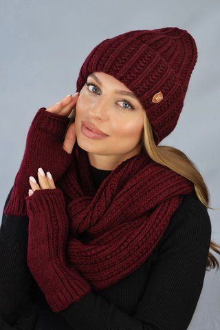Комплект Юна (шапка, шарф-снуд, перчатки-митенки) 5300-38 бордовый 5300-38 фото