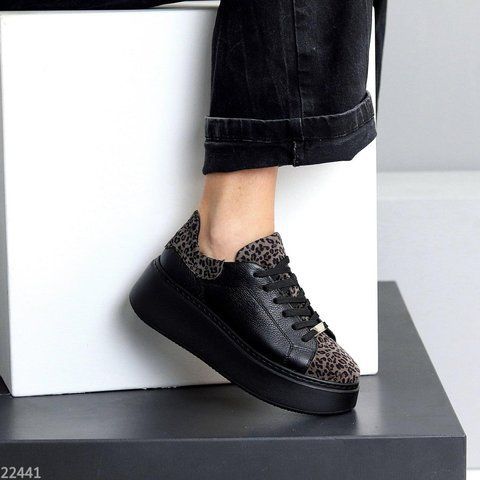 Кросівки з натуральної шкіри флотар та замші Quality 22441 чорний/леопард 22441 фото