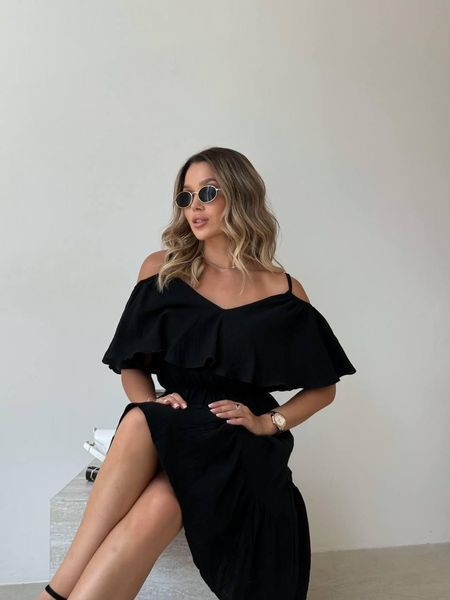 Чёрное женское платье из муслина с открытыми плечами и воланом 350 im 350 фото