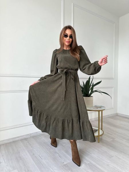 Женское вельветовое платье с поясом и рюшами 101 im 101 фото