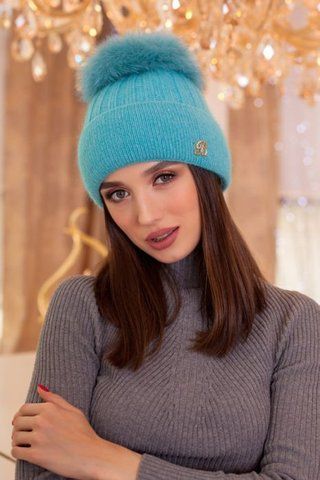 В'ЯЗНА ШАПКА З ПЕСЦЕМ ПОМНОНОМ "МАДЛЕН" &mdash; 4474 бірюзовий 908429100 фото