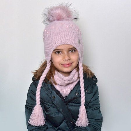 Зимова дитяча в'язана шапка Зефір 55 пудра (4-10 років) 2429407931 фото