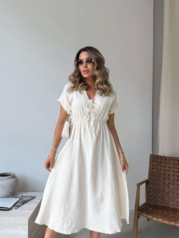 Белое платье миди муслиновое с коротким рукавом и завязками 347 im 347 фото