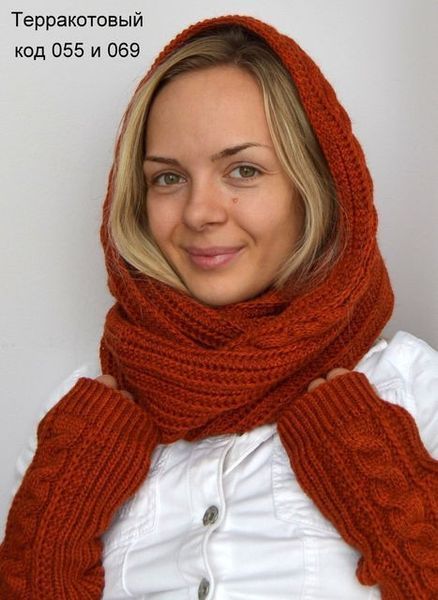 Рукавички-мітенки довгі - теракот, білий та коричневий колір 908432754 фото