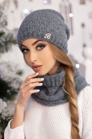 ЖЕНСКИЙ КОМПЛЕКТ ИЗ МЯГКОГО БУКЛЕ "ШАРЛИН" (ШАПКА И ШАРФ-ТРУБА) - 4368-8 тёмно-серый 4368-8 фото