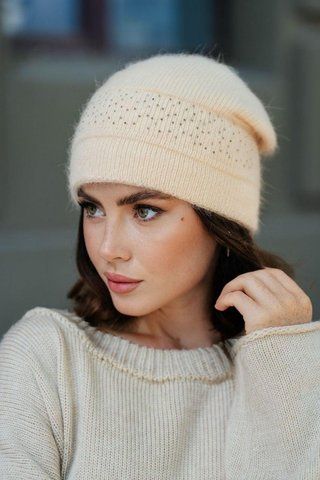 В'язана шапка з ангори "Католіна", 581-010 бежевий 581-010 фото