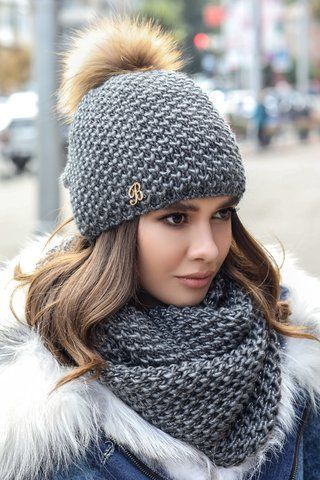 КРАСИВЫЙ КОМПЛЕКТ ВЯЗКОЙ "СОТЫ" "КЛАРК" (ШАПКА И ХОМУТ) - 4723-8 тёмно-серый 4723-8 фото