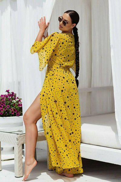 Шифонова туника максі 8056-30 жовта з чорними зірками 8056-30 фото