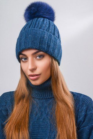 ШАПКА З ВІДВОРОТОМ І МЕХОВИМ БУБЛЕНОМ &mdash; 26816-2 джинс 908430847 фото