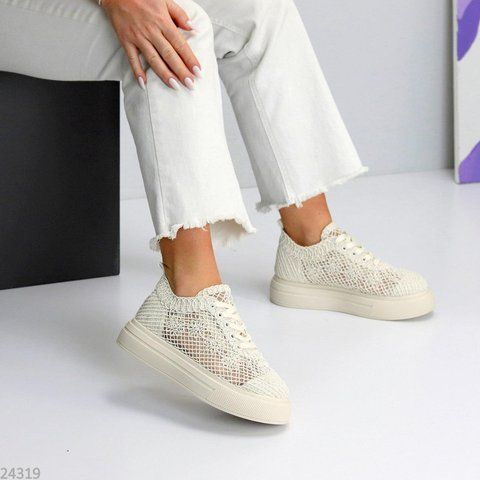 Топові ажурні мереживні текстильні літні кеди Lace 24319 молочні 24319 фото