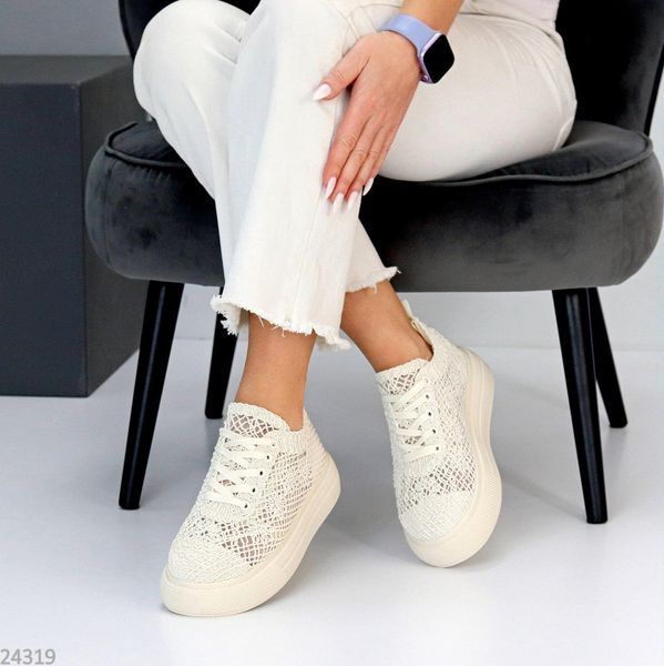 Топові ажурні мереживні текстильні літні кеди Lace 24319 молочні 24319 фото