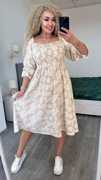 Женское платье миди с рюшем из софта с открытыми плечами 320 фото